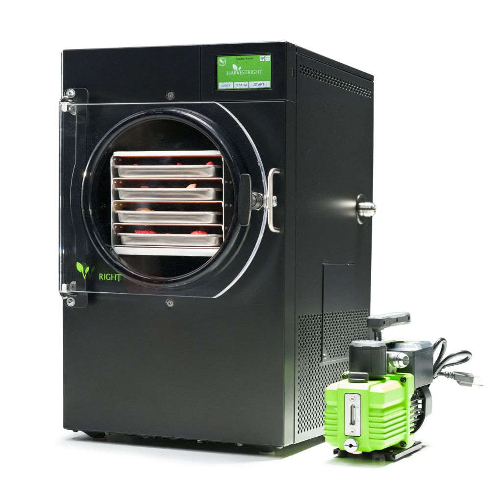 Black harvestright home freeze dryer industrial dryer with a green pump on a white background