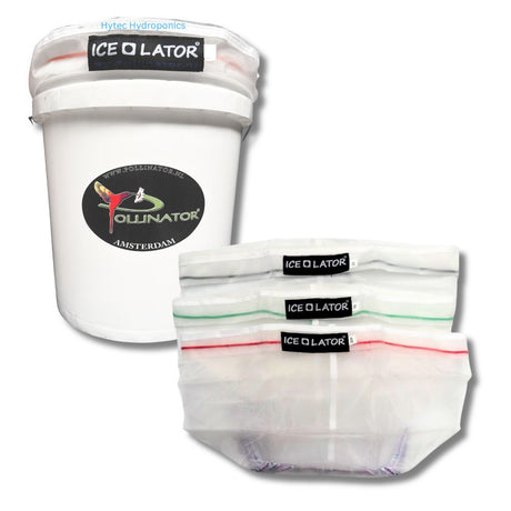 1 white bucket with 'Ice-O-Lator' Pollinator Amsterdam branding with 3 Ice-O-Lator bags