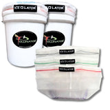 two white bucket with 'Ice-O-Lator' Pollinator Amsterdam branding with three Ice-O-Lator bags