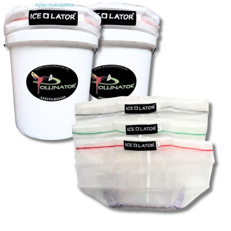 two white bucket with 'Ice-O-Lator' Pollinator Amsterdam branding with three Ice-O-Lator bags