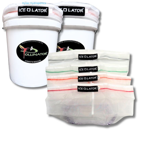 two white bucket with 'Ice-O-Lator' Pollinator Amsterdam branding with four Ice-O-Lator bags