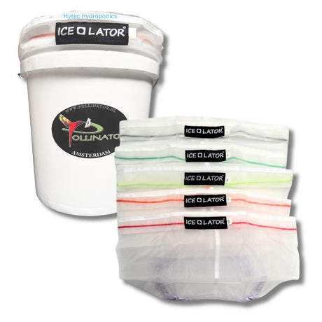 1 white bucket with 'Ice-O-Lator' Pollinator Amsterdam branding with 5 Ice-O-Lator bags
