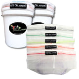 two white bucket with 'Ice-O-Lator' Pollinator Amsterdam branding with five Ice-O-Lator bags