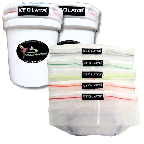 two white bucket with 'Ice-O-Lator' Pollinator Amsterdam branding with five Ice-O-Lator bags