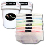 two white bucket with 'Ice-O-Lator' Pollinator Amsterdam branding with six Ice-O-Lator bags