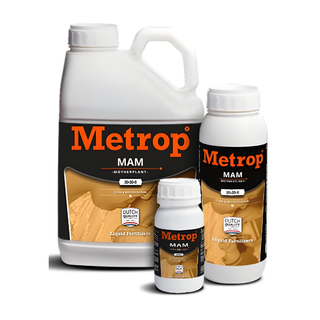 Three bottles of Metrop MAM Motherplant liquid fertilizers on a white background