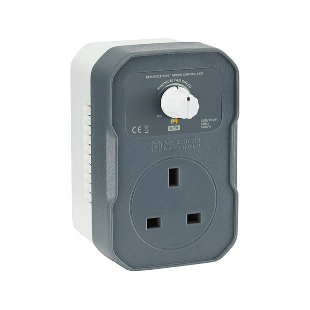 A Mission Controls BASiC-FAN fan controller plug-in, featuring a dark gray front faceplate with a white UK three-pin wall outlet and a white rotary speed control knob, set against a plain white background.