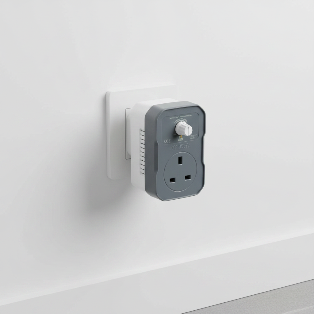 A Mission Controls BASiC-FAN fan controller plug-in, featuring a dark gray front faceplate with a white UK three-pin wall outlet and a white rotary speed control knob, set against a plain white background. shown plugged into a white wall socket.