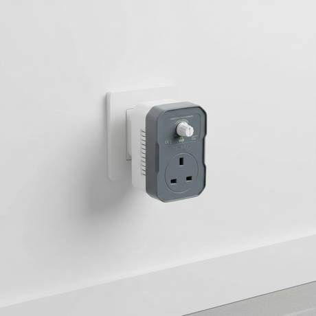 A Mission Controls BASiC-FAN fan controller plug-in, featuring a dark gray front faceplate with a white UK three-pin wall outlet and a white rotary speed control knob, set against a plain white background. shown plugged into a white wall socket.