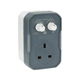 A Mission Controls LOGIC-FAN fan controller plug-in, featuring a dark gray front faceplate with a white UK three-pin wall outlet and a white rotary speed control knob, set against a plain white background.