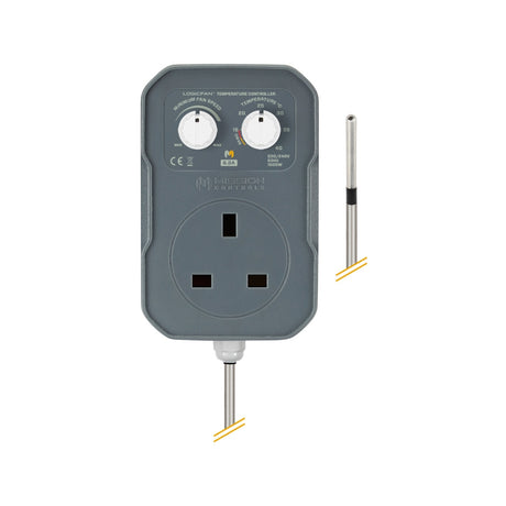 Temperature controller with two knobs and a probe on a white background