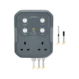 A gray Mission Controls TwinFan temperature controller with four white adjustment knobs and two UK three-pin sockets, shown on a white background with two small accessory probes on the right.
