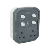 A Mission Controls TwinFan temperature controller power adapter with two UK three-pin wall outlets, four white rotary dials, and a dark gray front casing with a white side panel, shown on a plain white background.
