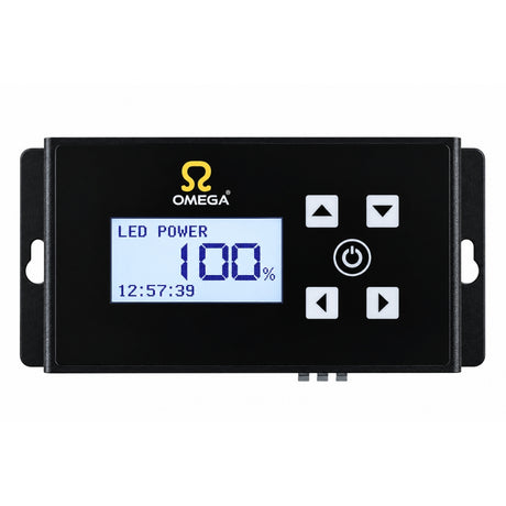 Omega Synco LED driver controller with a black faceplate, digital LCD display showing 100% power, and four white control buttons.
