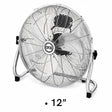 A 12-inch Ora brand industrial floor fan with a silver metal wire grille and stand, shown on a white background with a '12"' text overlay at the bottom.