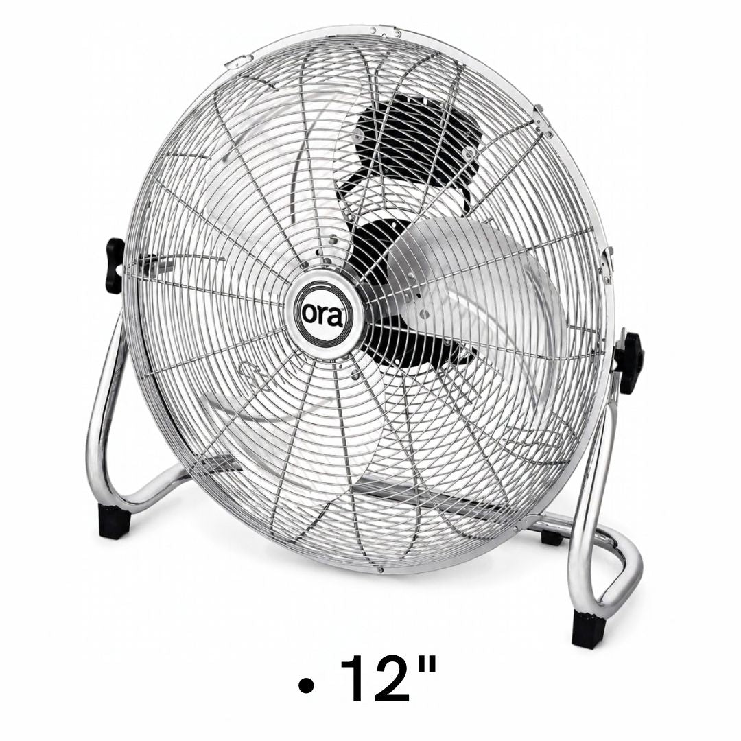 A 12-inch Ora brand industrial floor fan with a silver metal wire grille and stand, shown on a white background with a '12"' text overlay at the bottom.