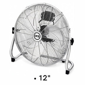 A 12-inch Ora brand industrial floor fan with a silver metal wire grille and stand, shown on a white background with a '12"' text overlay at the bottom.