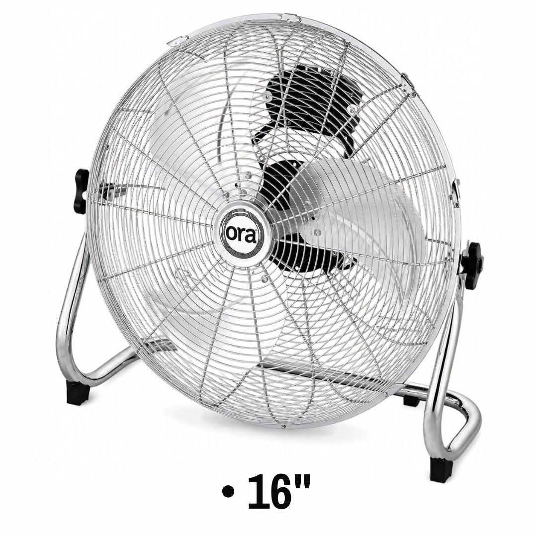 A 16-inch Ora floor fan with a chrome wire grille and stand, shown against a plain white background with a size label below.