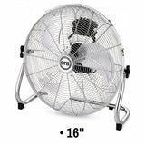 A 16-inch Ora floor fan with a chrome wire grille and stand, shown against a plain white background with a size label below.