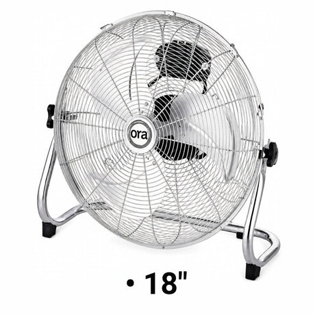 An 18-inch Ora floor fan with a silver metal wire grille and stand, featuring a black center hub with the 'ora' brand logo, shown against a plain white background with a size indicator text overlay.