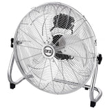 A silver Ora metal floor fan with a wire safety grille, chrome stand, and black accents, featuring the 'ora' brand logo in the center.