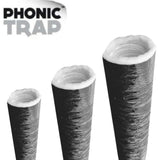 A set of three acoustic ducts in different sizes with the PhonicTrap brand name displayed above.