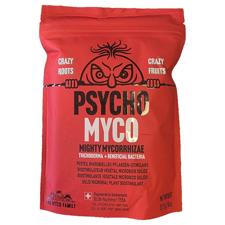 Red bag of 'Psycho Myco' mycorrhizae product with a graphic design on a white background