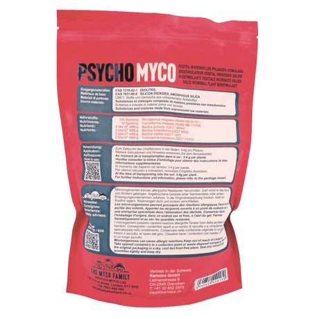 Red package of Psycho Myco with text and QR codes on a white background
