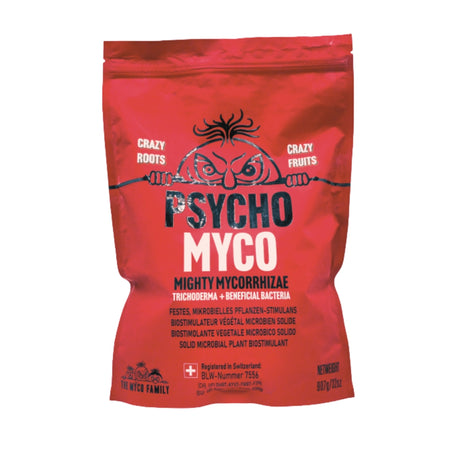 Red bag of Psycho Myco Mighty Mycorrhizae with branding and text on a white background
