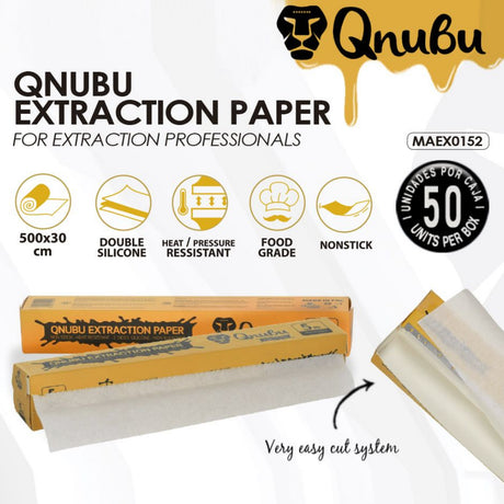 Qnubu extraction paper packaging and a partially unrolled sheet on a white background, with product text, feature icons, a box, and a peeled-back liner showing the paper.