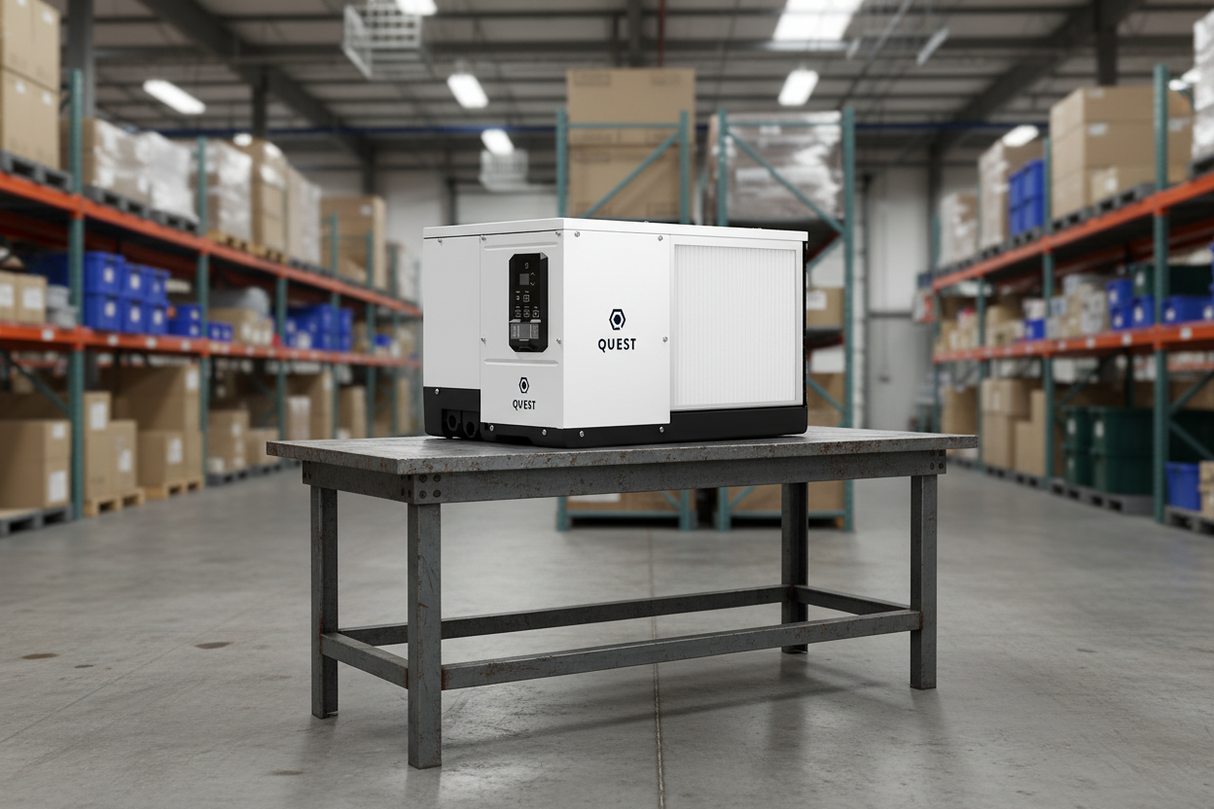 Quest generator on a table in a warehouse setting