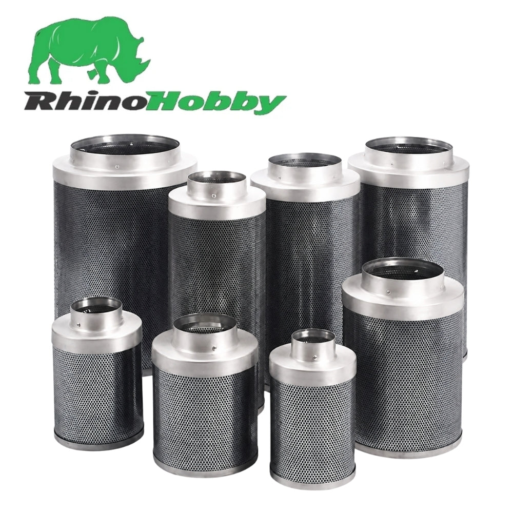 Eight RhinoHobby cylindrical carbon filters with mesh bodies and silver metal ends, arranged on a white background with the green RhinoHobby logo in the top left.