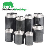 Eight RhinoHobby cylindrical carbon filters with mesh bodies and silver metal ends, arranged on a white background with the green RhinoHobby logo in the top left.