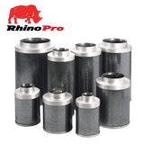 Eight cylindrical RhinoPro carbon filters in various sizes, featuring dark gray mesh bodies and silver metal ends, displayed on a white background with a red RhinoPro logo in the top-left corner.