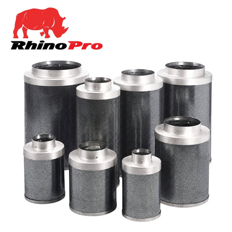 Eight cylindrical RhinoPro carbon filters in various sizes, featuring dark gray mesh bodies and silver metal ends, displayed on a white background with a red RhinoPro logo in the top-left corner.