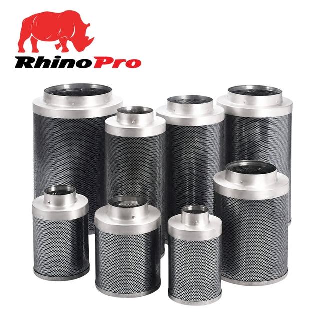 Eight cylindrical RhinoPro carbon filters in various sizes, featuring dark gray mesh bodies and silver metal ends, displayed on a white background with a red RhinoPro logo in the top-left corner.