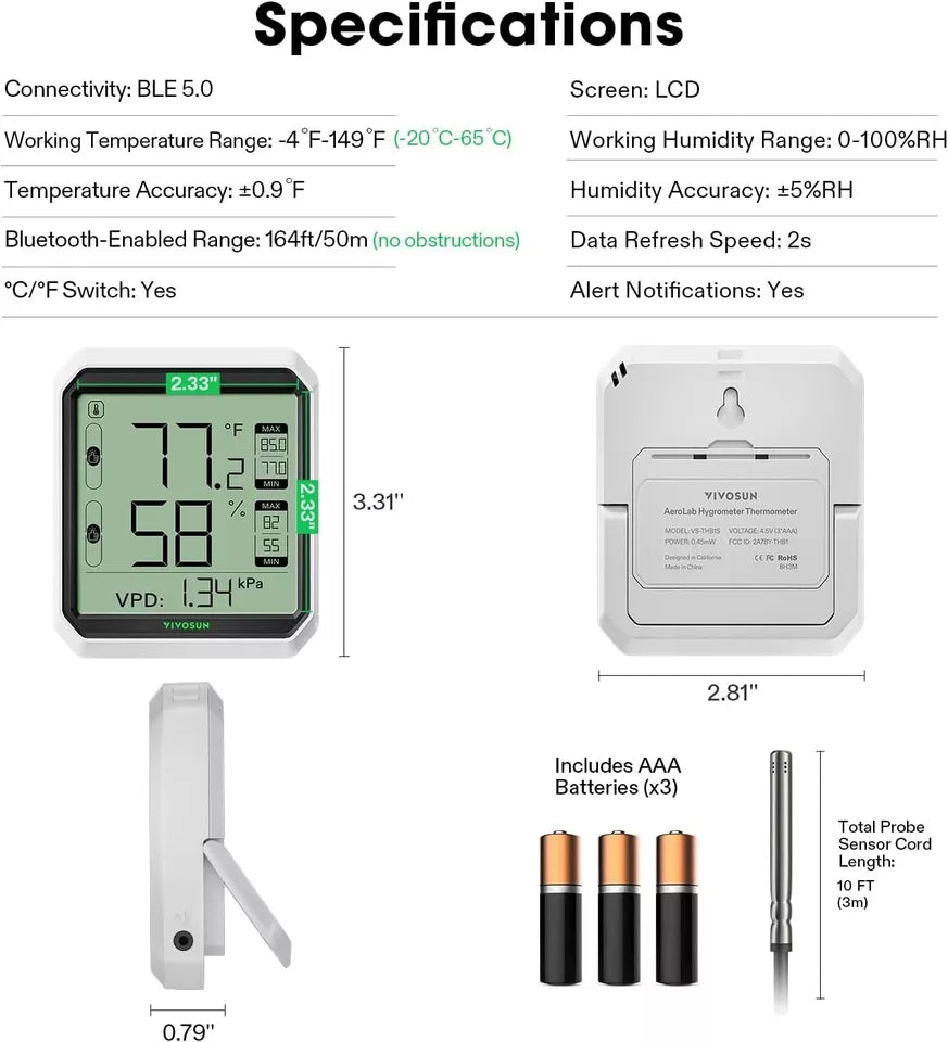 VIVOSUN AeroLab THB1S Bluetooth Hygrometer