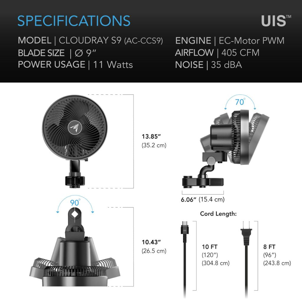 AC Infinity Cloudray S9 Clip On Fan 9" 