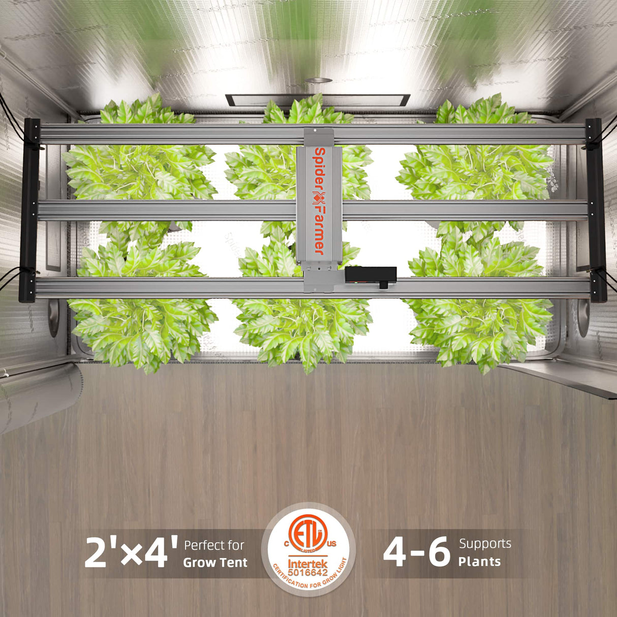 Spider Farmer G4500 320W LED grow light indoor gardening system with plants growing on shelves.