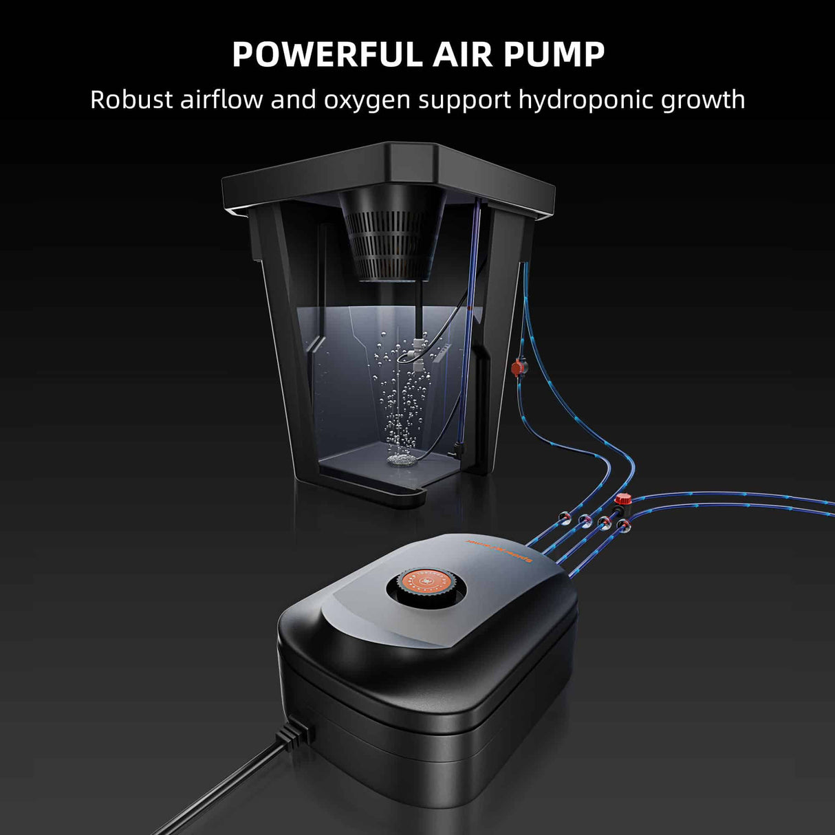 Air pump for hydroponic systems with text on a black background