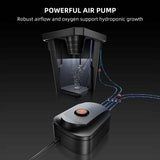 Air pump for hydroponic systems with text on a black background