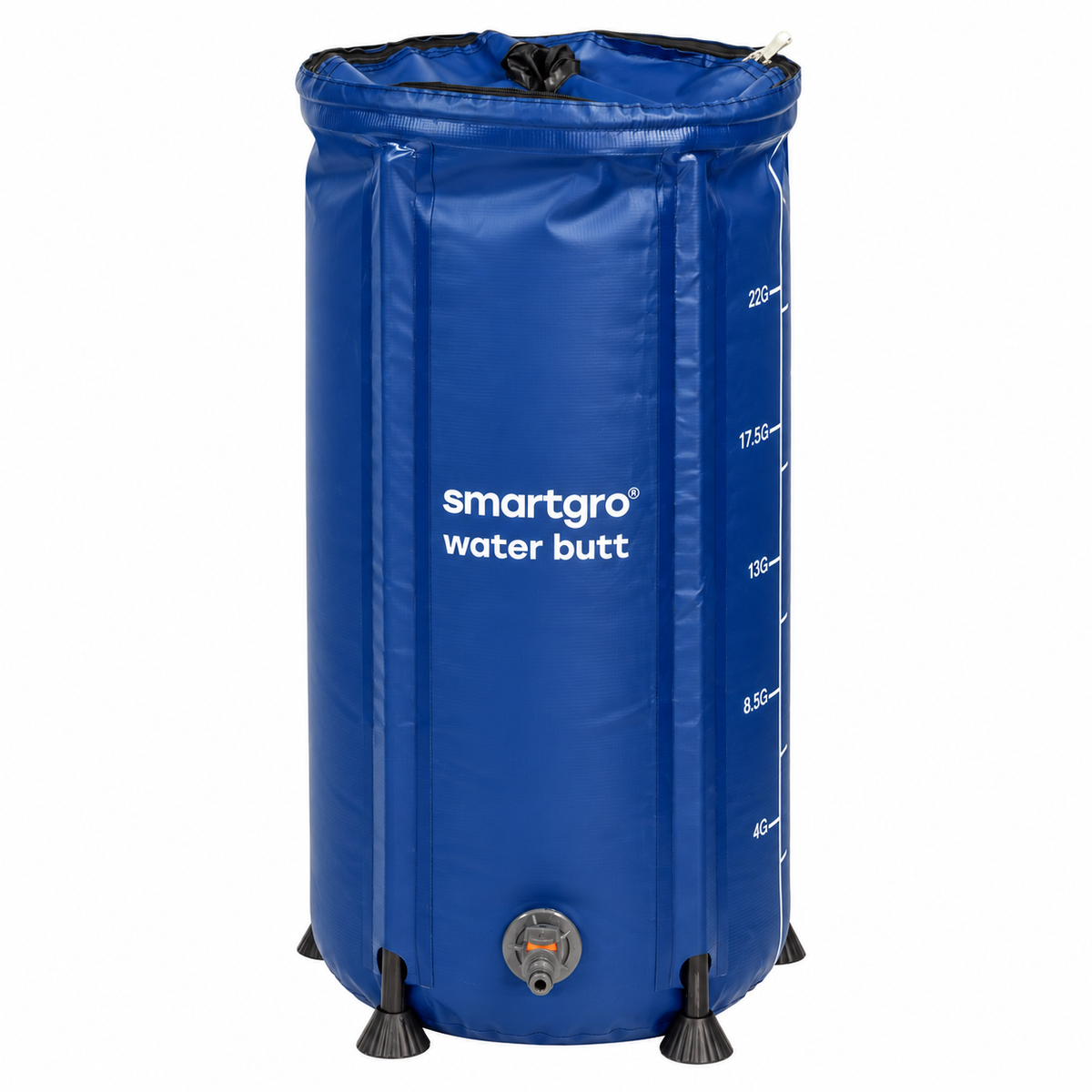 A blue collapsible water butt with black feet, featuring white printed text reading 'smartgro water butt' and measurement markings on the side, shown on a plain white background.