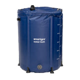A blue collapsible water butt with white printed brand text and measurement markings, shown on a plain white background.