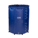 A blue Smartgro collapsible water butt with white printed measurement markings and the brand name 'smartgro water butt' on the front, shown on a plain white background.