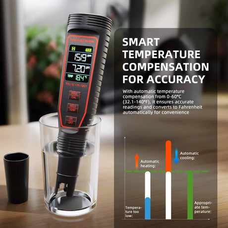 Spider Farmer Digital ph pen with smart temperature compensation feature in a glass container on a wooden surface.