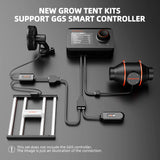 New grow tent kit components with GGS smart controller illustration on a dark background