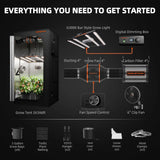 Complete indoor gardening setup with grow tent, lights, and accessories on a black background.