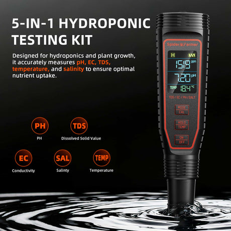 Spider Farmer 5-in-1 hydroponic testing kit with digital display on a black background