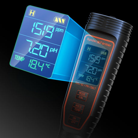 Spider Farmer ph meter with display showing measurements on a black background