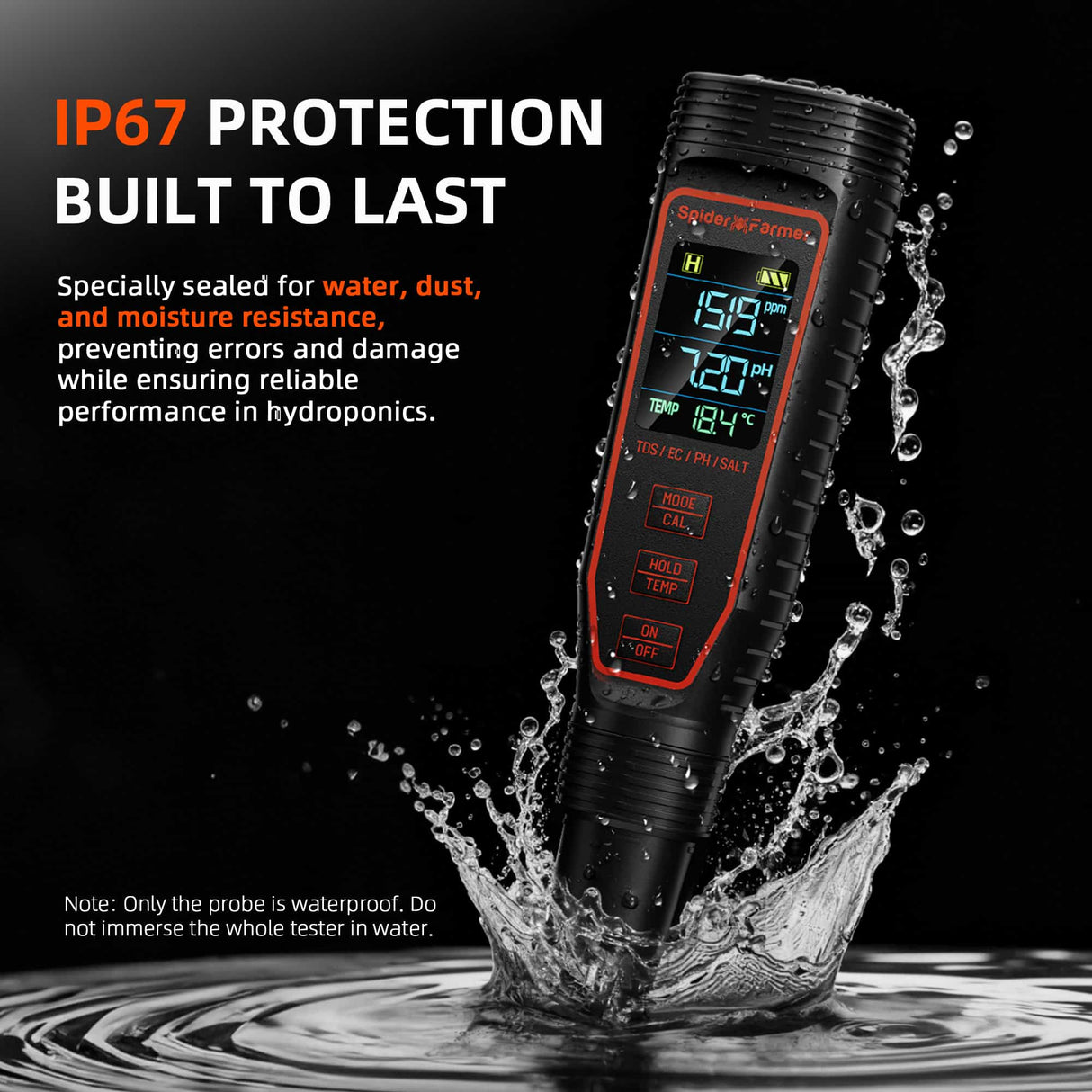 Spider Farmer Digital ph pen with IP67 protection feature, shown splashing in water.